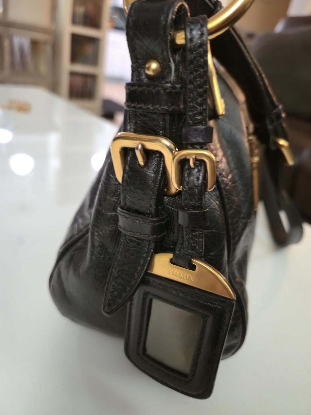 PRADA Dark Blue/Black Leather Shoulder Bag with Gold Hardware - Picture 8 of 17